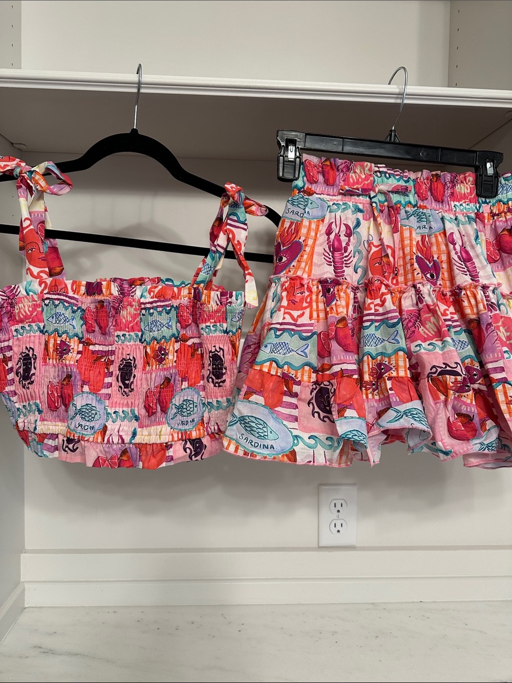 Pink Lily small Pink Seafood Print Tiered Mini Skort and top. Like new